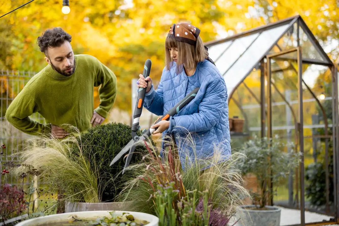 pareja haciendo mantenimiento a su jardin con herramientas agricolas