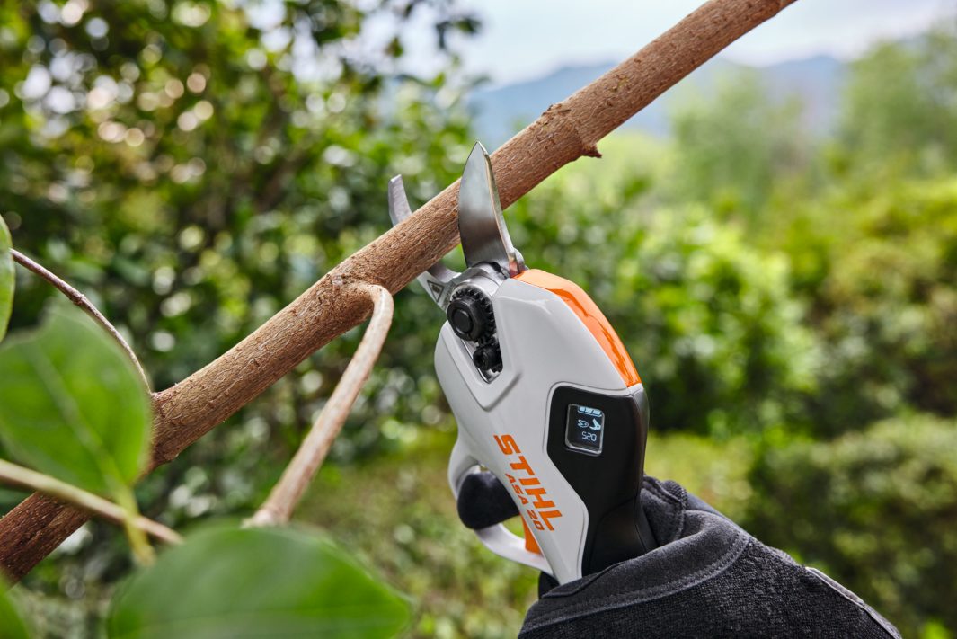 Tijera a bateria STIHL para mantenimiento de setos y arboles en jardines
